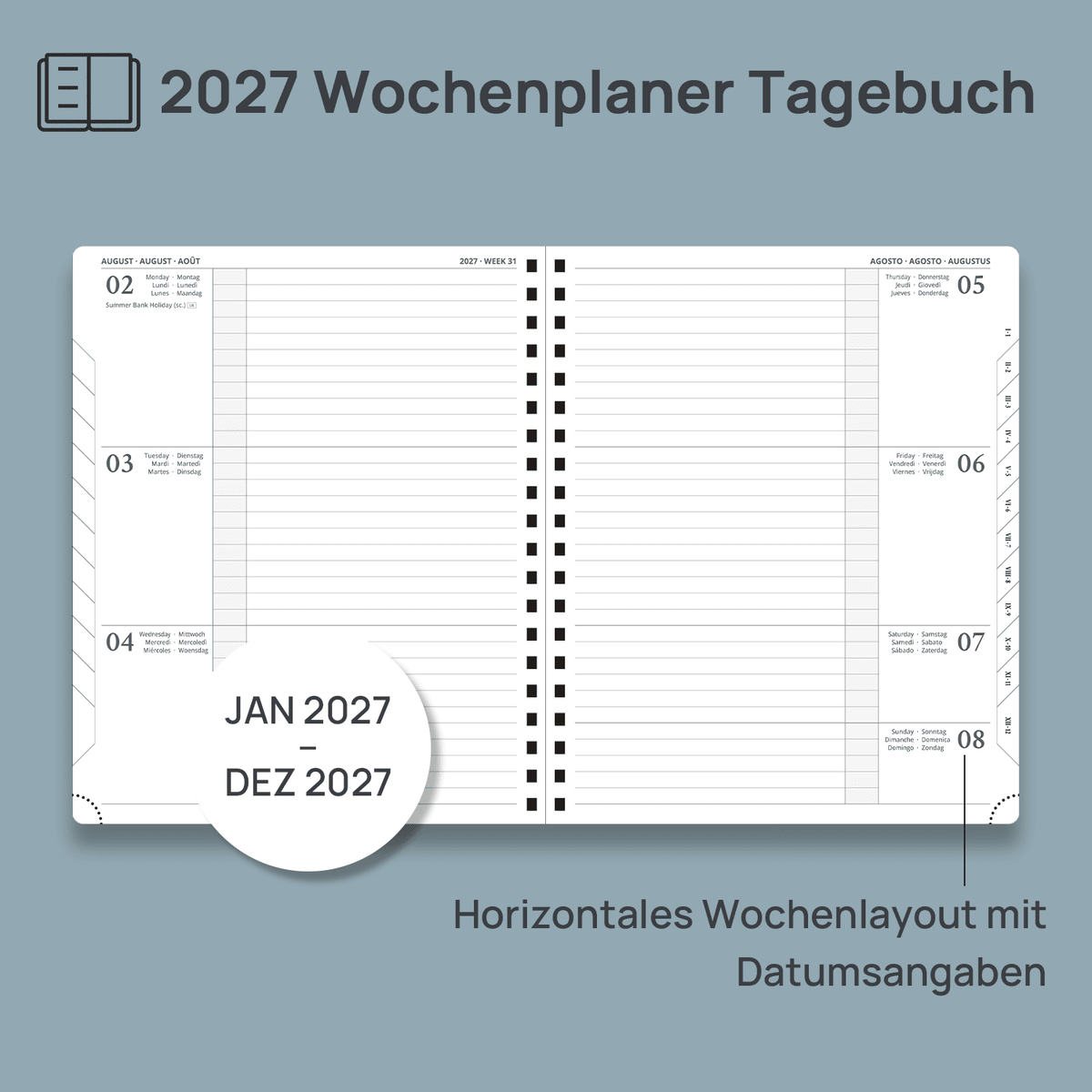 DE 25.9 cm × 21.2 cm 2027 Spiral Weekly Planner Horizontal Layout Calendar Planner