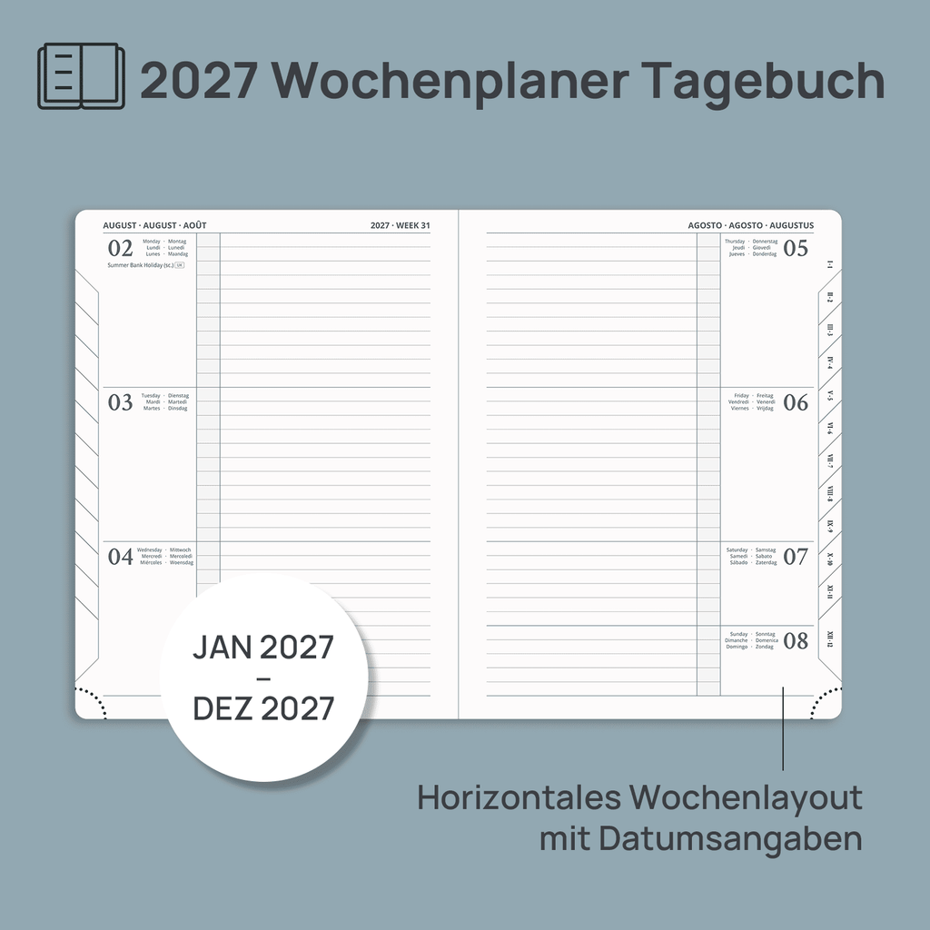 DE 25,9 cm ×  cm 2027 Weekly Planner Horizontal Layout Calendar Planner