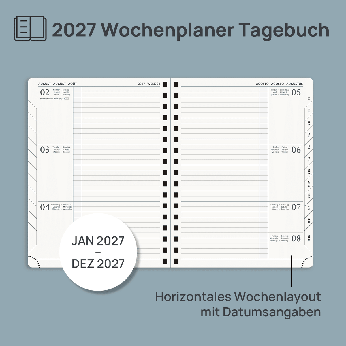 DE 21.8 cm × 16.4 cm 2027 Weekly Planner Spiral Hardcover| Horizontal Layout