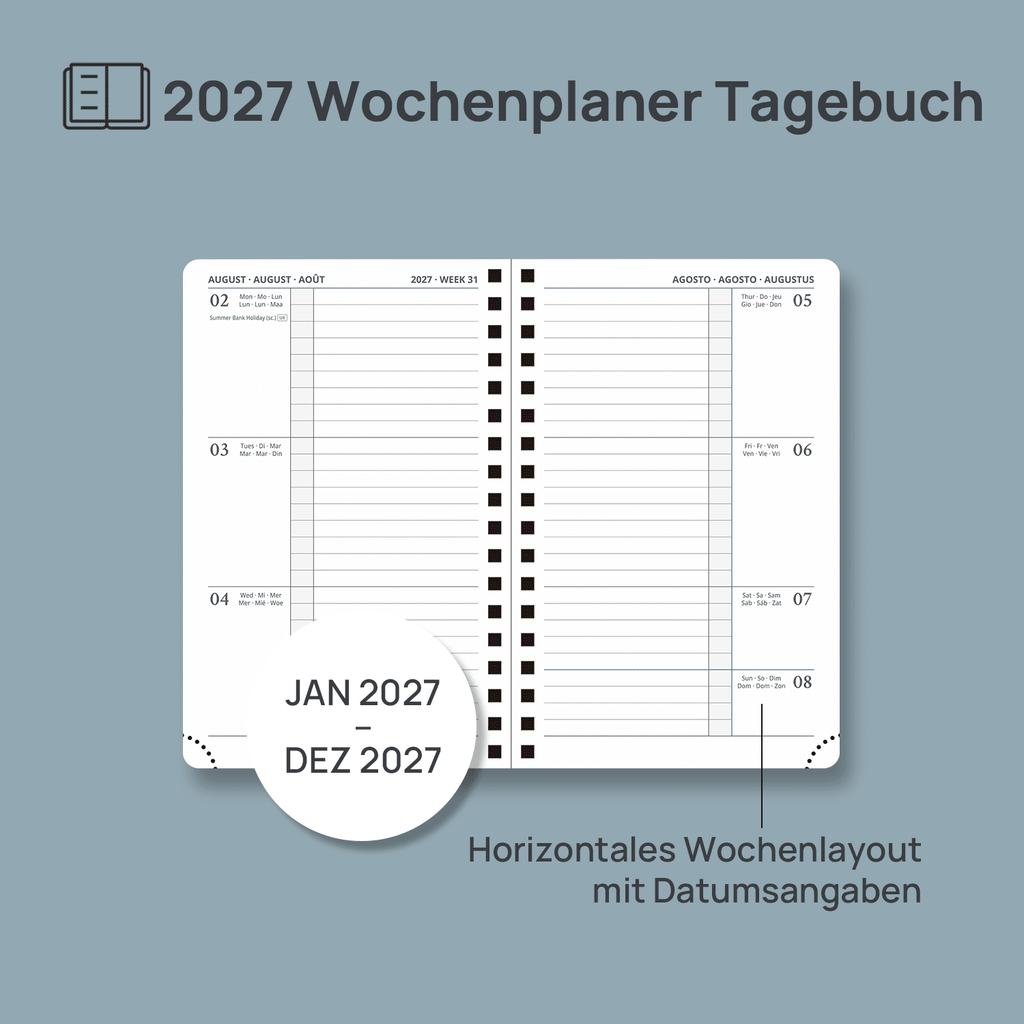 DE A6 Size 2027 Spiral Weekly Planner Hardcover| Horizontal Layout