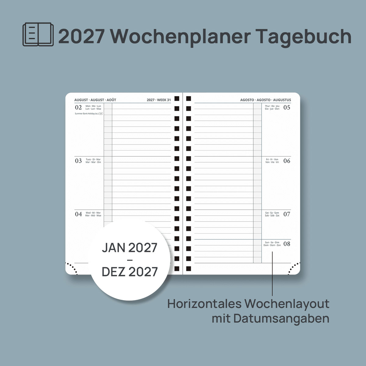 DE A6 Size 2027 Spiral Weekly Planner Hardcover| Horizontal Layout