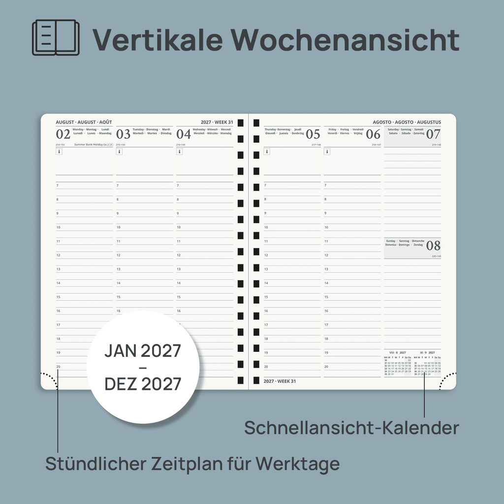 DE 21.8cm x 16.4 2027 Spiral Weekly Calendar Planner (January–December) Soft Cover