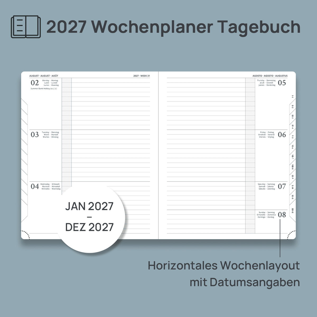 DE 25,9 cm × 21,2 cm 2027 Weekly Planner Horizontal Layout Calendar Planner