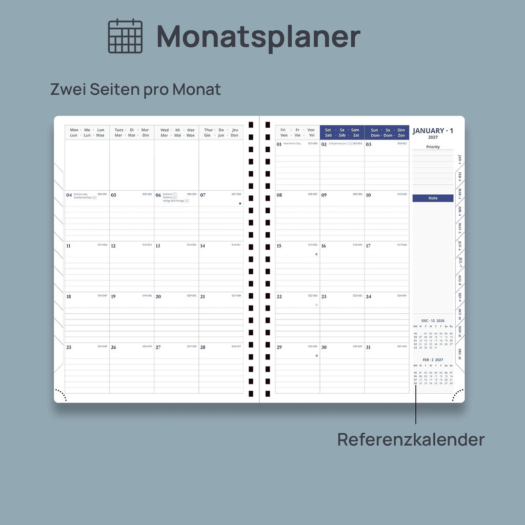 DE A4 Size 2027 Daily Planner Spiral Hardcover Calendar Book