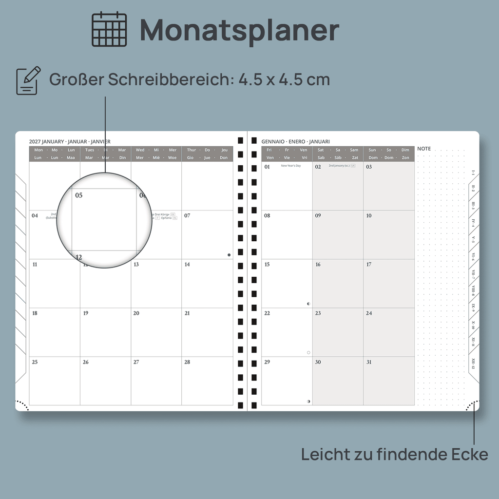 DE 25.9 cm × 21.2 cm 2027 Spiral Weekly Planner Week + Notes Layout Softcover