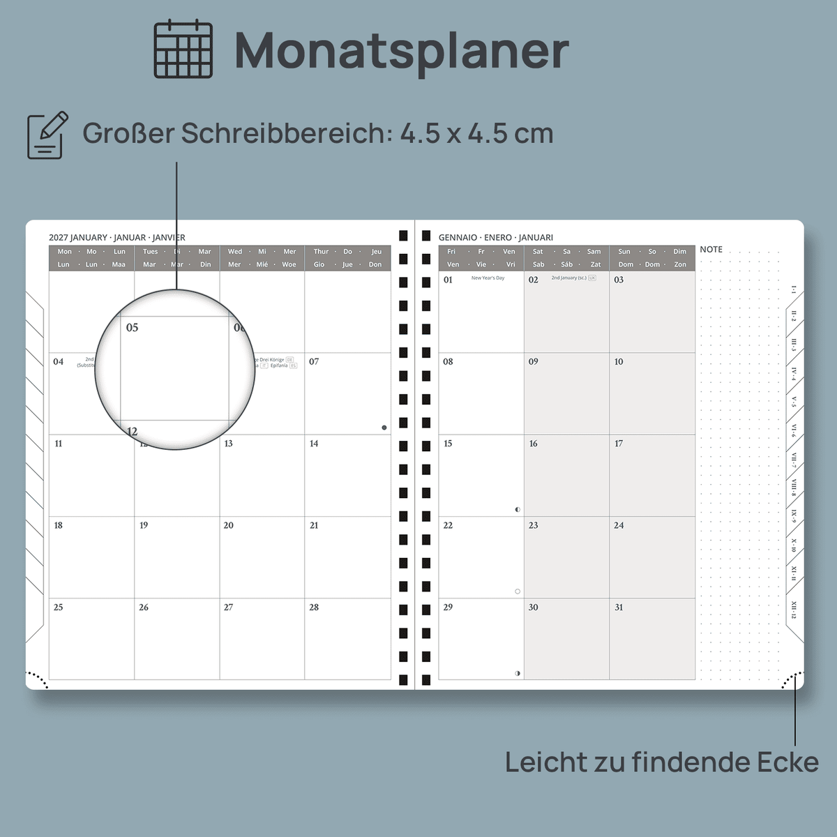 DE 25.9 cm × 21.2 cm 2027 Spiral Weekly Planner Week + Notes Layout Softcover