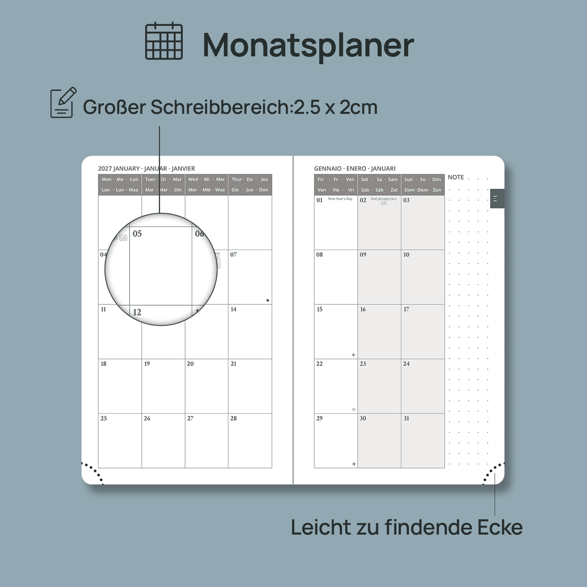 DE A6 Size Weekly 2027 Planner Week + Notes Layout Hardcover
