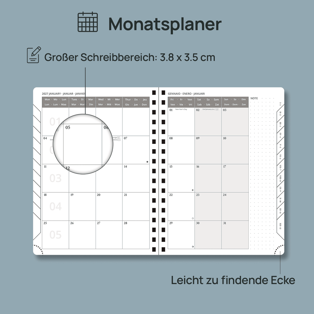 DE 16,5 cm × 21,6 cm 2027 Spiral Weekly Planner Week + Notes Layout Softcover