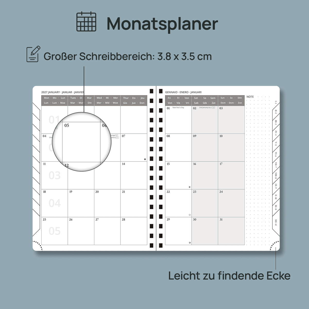 DE 16,5 cm × 21,6 cm 2027 Spiral Weekly Planner Week + Notes Layout Softcover
