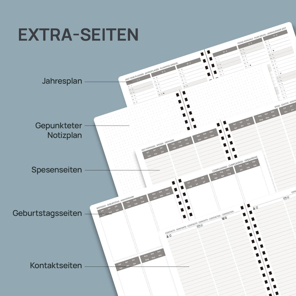 DE 16,5 cm × 21,6 cm 2027 Spiral Weekly Planner Week + Notes Layout Softcover